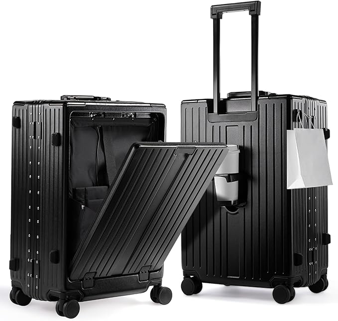 UrbanExplorer 24 Inch Check-In Aluminum Frame Luggage, ABS+PC Hard Shell Suitcases with Spinner Wheels TSA Approved Checked Luggage, Zipperless Suitcases with Cup Holder, Black