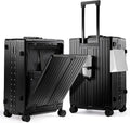 UrbanExplorer 24 Inch Check-In Aluminum Frame Luggage, ABS+PC Hard Shell Suitcases with Spinner Wheels TSA Approved Checked Luggage, Zipperless Suitcases with Cup Holder, Black