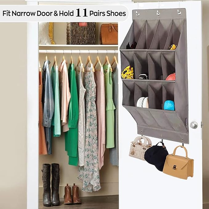 Over the Door Shoe Organizer, 12 Pockets Hanging Shoe Storage Rack with Large Deep Pockets, Oxford 600D Fabric Grey Shoe Storage Rack with 6 hook for Shoes, Slipper,Home Accessories etc-Black