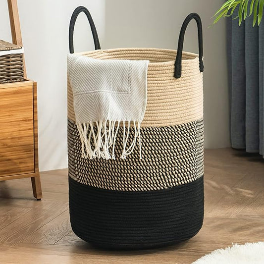 YOUDENOVA Woven Rope Laundry Hamper Basket, 72L Tall Luandry Basket, Baby Nursery Hamper for Blanket Storage, Clothes Hamper for Laundry in Bedroom-Large-Black & Brown