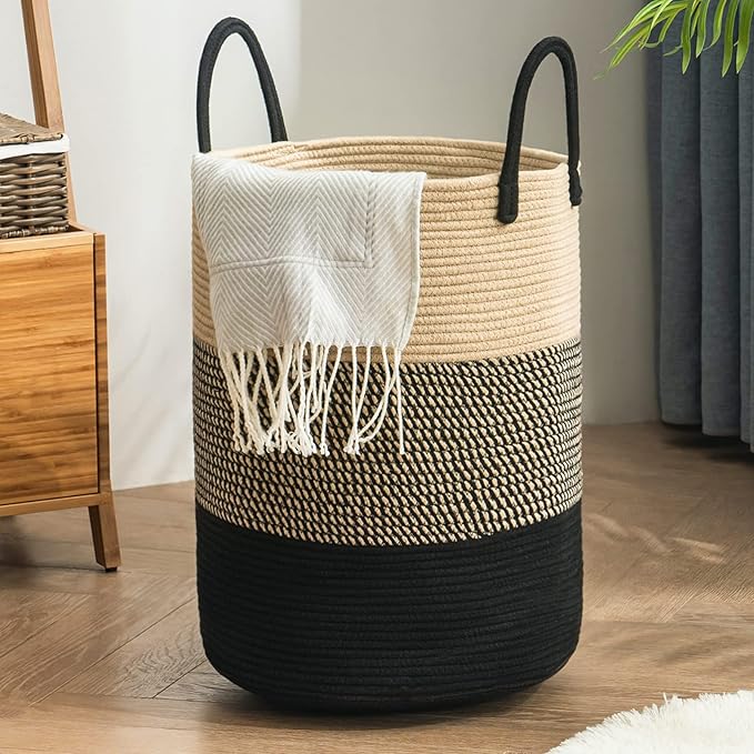 YOUDENOVA Woven Rope Laundry Hamper Basket, 58L Tall Laundry Basket for Blanket Organizer- Clothes Hamper for Bedroom Storage, Baby Kids Nursery Hamper-Large-Black & Brown
