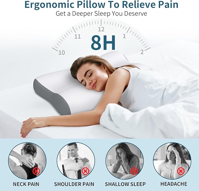 Cervical Neck Pillow for Pain Relief, Contour Memory Foam Pillows for Sleeping, Ergonomic Pillow Orthopedic Cooling Pillow Bed Pillow Neck Support for Side Back Stomach Sleepers(White & Grey)