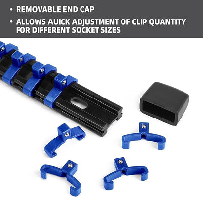 Socket Organizer Drive ABS Tools - Blue Socket Holder, Premium Quality 12 Pieces Socket Holders Kit 1/4-Inch x 64 Clips, 3/8-Inch x 60 Clips, 1/2-Inch x 48 Clips（12PC,Blue)