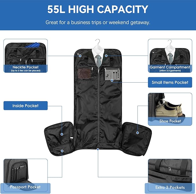Garment Duffle Bags for Travel, Bukere Convertible Carry on Garment Duffel Bag for Men Women, Shoe Compartment, 2 in 1 Hanging Dress Suitcase Suit Travel Bags, Midnight Grey