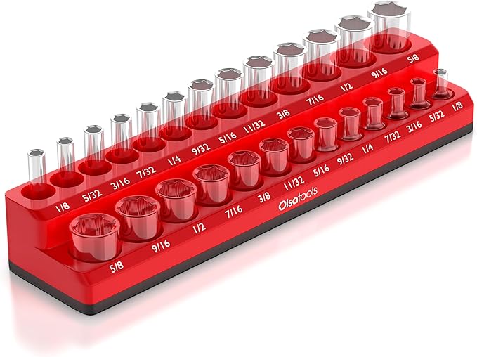 Olsa Tools Magnetic Socket Organizer | 1/4-inch Drive | SAE | RED | Holds 26 Sockets | Professional Quality Tools Organizer