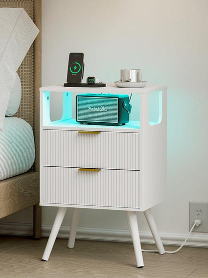 Nightstand with Charging Station and LED Lights, Modern Bedside Table with 2 Storage Drawer and Open Wood Shelf for Bedroom and Small Spaces, Night Stand with Solid Wood Legs