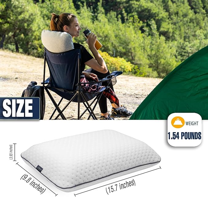 Travel & Camping Comfortable Memory Foam Pillow – Easy to Carry Portable Bag – Temperature Regulating Pillow Case (White + Extra Cover)