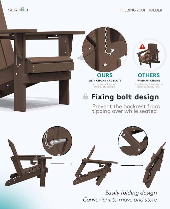 SERWALL Adirondack Chair with Cup Holders - Composite Adirondack Chairs Set of 6 HDPE Outdoor Chairs All Weather Use- Coffee