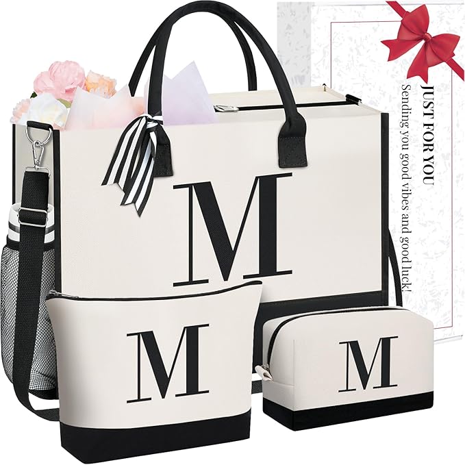 BAGAIL Initial Tote Bag, Personalized Birthday Gifts for Women, Teacher, Friends, Mom, Wedding, Monogrammed Beach Bag
