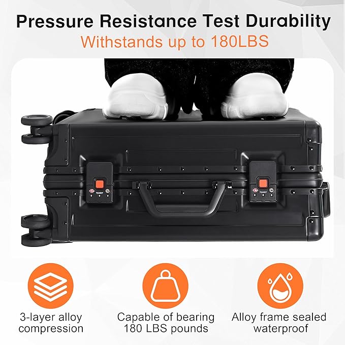All Aluminum Carry On Luggage 22x14x9 Airline Approved，Hard Shell Carry On Luggage, Zipperless Luggage Aluminum Suitcase Luggage (black, 20inch)
