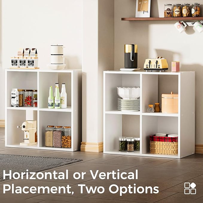 COMHOMA 4 Wood Cube Storage Organizer with Open Back and Removable Back Panels, 11In White Cube Storage Bookshelf, Cubicle Shelf Bookcase for Home Office Bedroom Living Room, Vertical or Horizontal