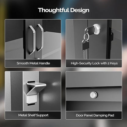 VINGLI Metal Wall Cabinet with Locking Glass Doors, Adjustable Shelf, Wall Mounted Storage Display Cabinets for Garage, Kitchen, Home Office, Warehouse, Living Room, Black