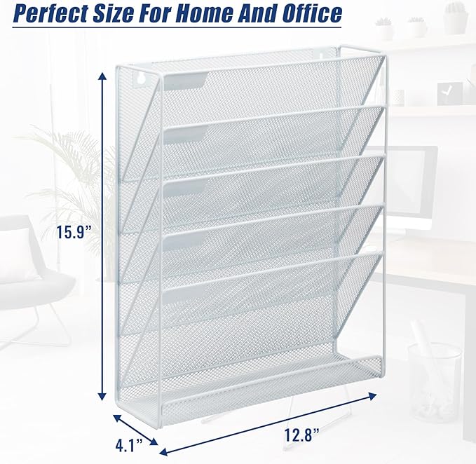 EASEPRES Desk File Organizer Mesh 6-Tier, Hanging Wall Mount Document Organization Stand, Desktop Vertical Mail Paper Folder Holder Rack with Bottom Tray for Office Home Cubicle Countertop, White