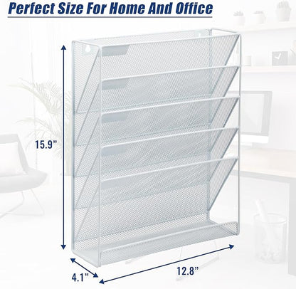 EASEPRES Desk File Organizer Mesh 6-Tier, Hanging Wall Mount Document Organization Stand, Desktop Vertical Mail Paper Folder Holder Rack with Bottom Tray for Office Home Cubicle Countertop, White