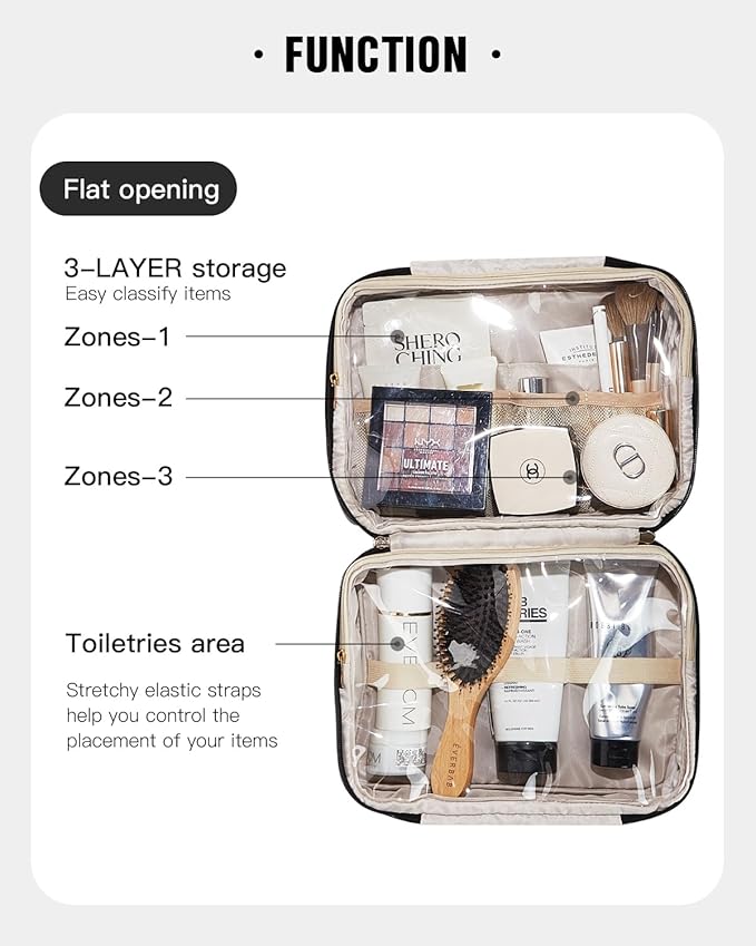 EACHY Travel Toiletry Bag with Hanging Hook, Portable Makeup Cosmetic Bags for Women, Water-Resistant Full-Size Travel Accessories (Black)