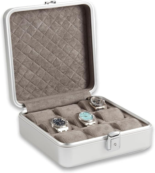 Bey-Berk Personalized Prague Aluminum 9-Slot Watch Case (Silver), Locking Travel Metal Watch Box with Quilted Interior, 9.75" x 3" x 10.25"