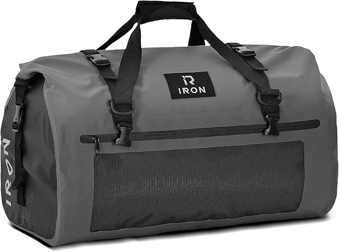 IRON JIA'S Motorcycle Dry Bag - Waterproof Duffle & Luggage Tail Bag Saddle Bags with Roll Top Closure, Shoulder Straps, Inner Pocket and Mesh Pocket (Grey, 50L)