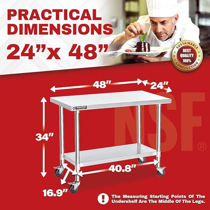 DuraSteel 24x48 NSF Stainless Steel Cart Work Table - Heavy Duty Rolling Food Prep Table Countertop Island - Metal Utility Cart on Wheels Caster, Grill Stand Storage Outdoor Kitchen Tables Bar Top