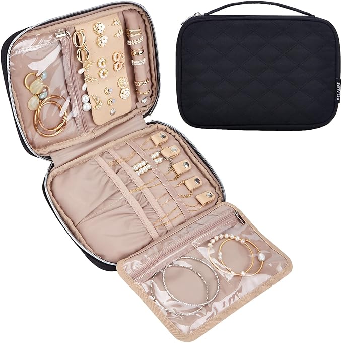 BELALIFE Travel Jewelry Organizer, Portable Storage Case for Earrings, Rings, Necklaces, Bracelets, Black