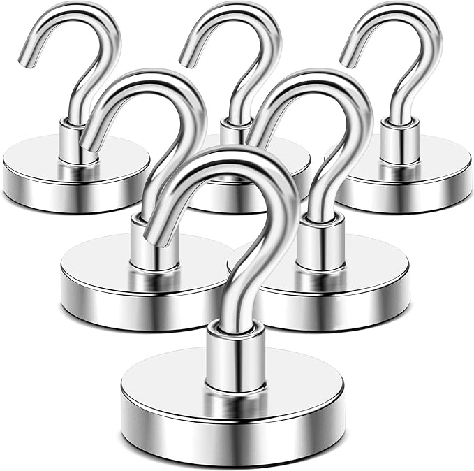 DIYMAG 6 Packs Magnetic Hooks,170 Lb Heavy Duty Neodymium Magnets for Refrigerator, Strong Cruise Ship Essentials Hook for Hanging, Magnetics Hanger for Grill