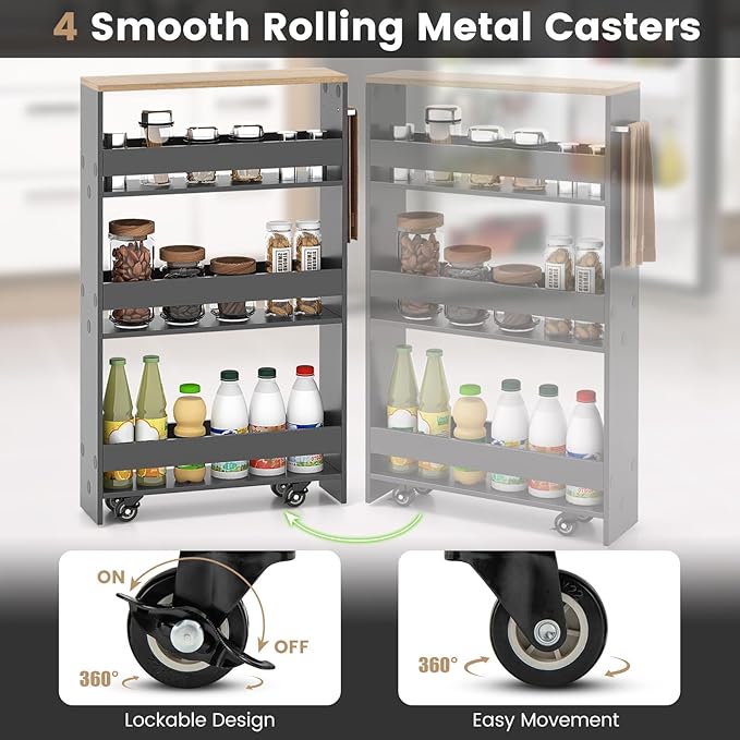 MAT EXPERT Slim Rolling Storage Cart, 4-Tier Freestanding Slim Storage Cart with Wheels 360 Degree & Metal Handle, Wooden Utility Cart for Narrow Kitchen, Laundry Room, Bathroom (Grey + Natural)