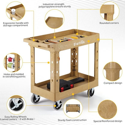ELAFROS Heavy Duty Plastic Utility Cart 34 x 17 Inch - Work Cart Tub Storage W/Deep Shelves and Full Swivel Wheels Safely Holds up to 550 lbs - 2 Tier Service Cart for Warehouse,Garage, Cleaning,Sand