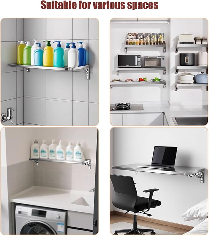 304 Stainless Steel Folding Wall Shelf Wall Mount Kitchen Storage Shelves Rounded Corners Food-grade Folding Table Thickened Bracket for Laundry Room Garage Restaurant.(100x30cm/39.4x11.8in)