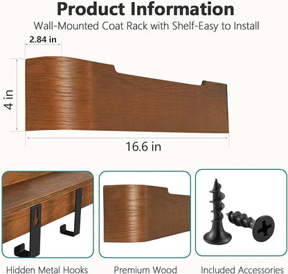 Coat Rack Wall Mount with Hidden Hooks Modern Key Holder Wood Entryway Hook with Shelf for Bedroom Kitchen Hallway Bathroom Designed for Hanging Coats Hats Bags Towel Dog Leashe(Walnut,4 Hooks)