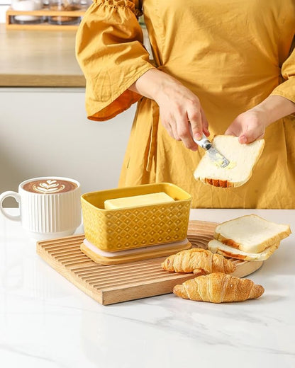 Hasense Ceramic Butter Dish with Sealing Lid, Large Yellow Butter Container for Countertop Airtight Butter Stick Covered Keeper Storage,Embossed Pattern,Easy Clean Dishwasher Safe