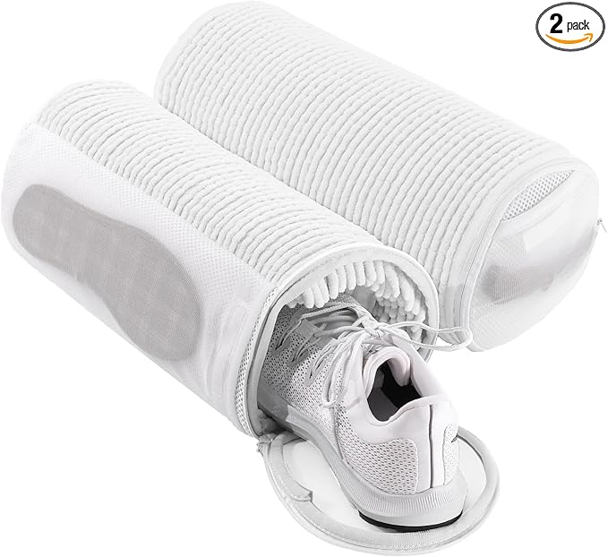 Shoe Washing Machine Bag with 2 Pockets - Wash Laces, Insoles & Socks All-in-One Shoe Laundry Bag for Washer & Dryer, Reusable Sneaker Cleaner Bag for Home Dorm Travel (2Pcs White)