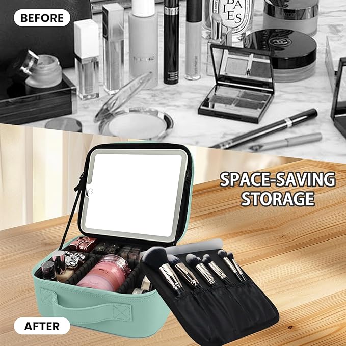 Travel Makeup Bag with LED Mirror and Light Makeup Travel Bag Organizer Portable Cosmetic Brush Organizer Bag with Adjustable Dividers for Cosmetics Makeup Brushes Toiletry (Light Green)