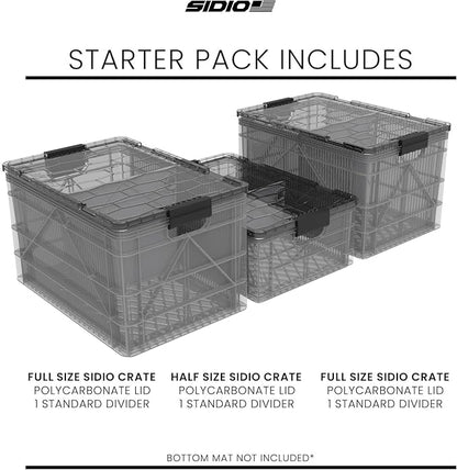 SIDIO CRATE Starter Pack - Two Full Size and One Half Size SidioCrate, Stackable Outdoor Organizer Storage Bins with Clear Lid and Dividers - Clear