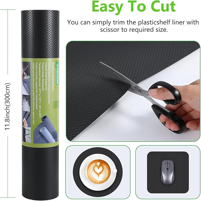 Black Shelf Liners for Kitchen Cabinets Non Adhesive Drawer Liner for Bathroom Waterproof Refrigerator Liners for Shelves Fridge Plastic Mats Cabinet Cupboard Liner 17.5 x 236.2 Inches x 2 Rolls