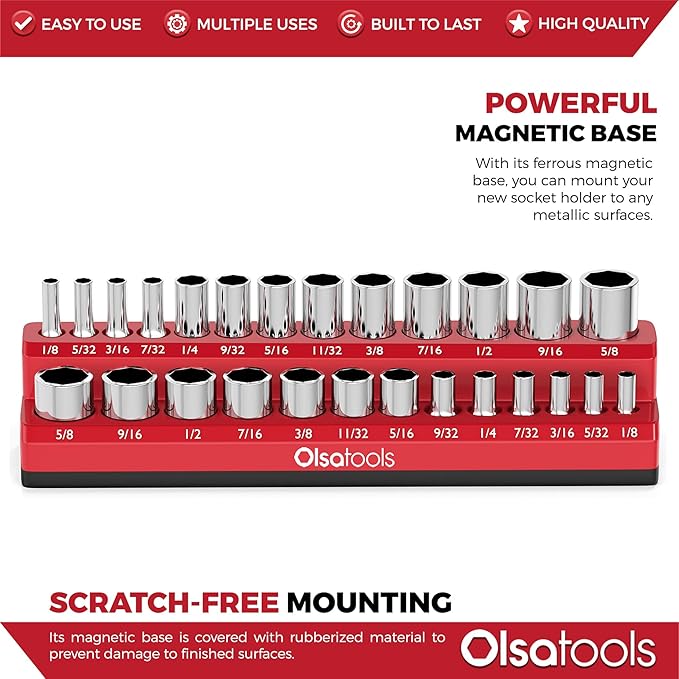 Olsa Tools Magnetic Socket Organizer | 1/4-inch Drive | SAE | RED | Holds 26 Sockets | Professional Quality Tools Organizer