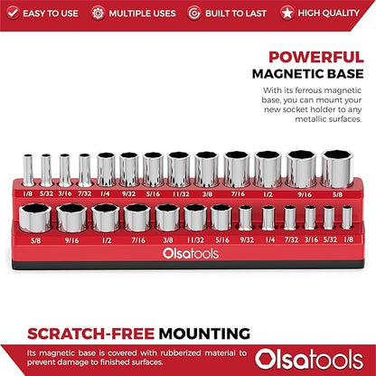 Olsa Tools Magnetic Socket Organizer | 1/4-inch Drive | SAE | RED | Holds 26 Sockets | Professional Quality Tools Organizer