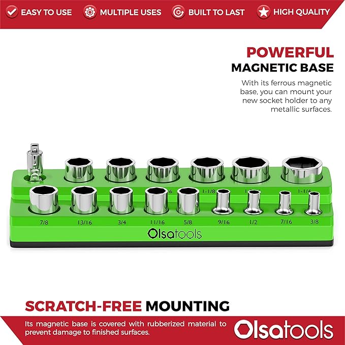 Olsa Tools Magnetic Socket Organizer | 1/2-inch Drive | SAE | Green | Holds 16 Sockets | Professional Quality Tools Organizer