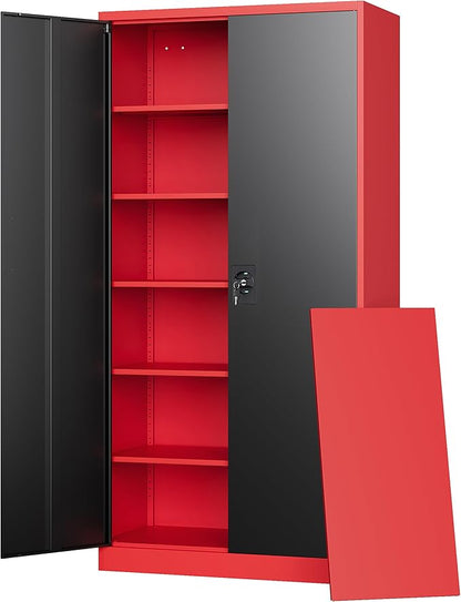 Letaya Metal Storage Cabinets with Lock, 72" Tall Locker Organizer Steel Cabinets, Adjustable Layers Shelves 2 Doors for Home, Office, Warehouse,Garage(Black Red)