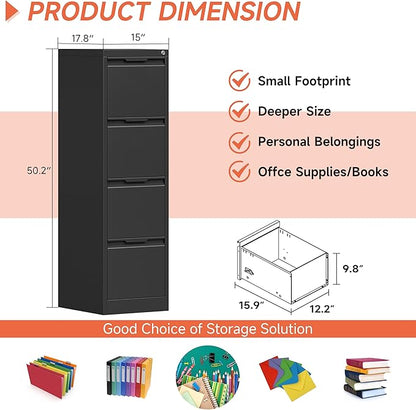 4 Drawer File Cabinet with Lock,17.8" Deep Vertical Metal Filing Cabinet for Home Office,Locking Drawer Tall for Hanging Letter/A4/Legal Folders, Easy Assemble-Black