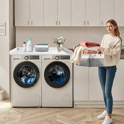 Washer Dryer Countertop with 2 Pack Storage Baskets, Wood Washer and Dryer Countertop with Non-Slip Pads/Edge Rails for Laundry Room Storage and Organization, 27.5" W x 54" L(White)