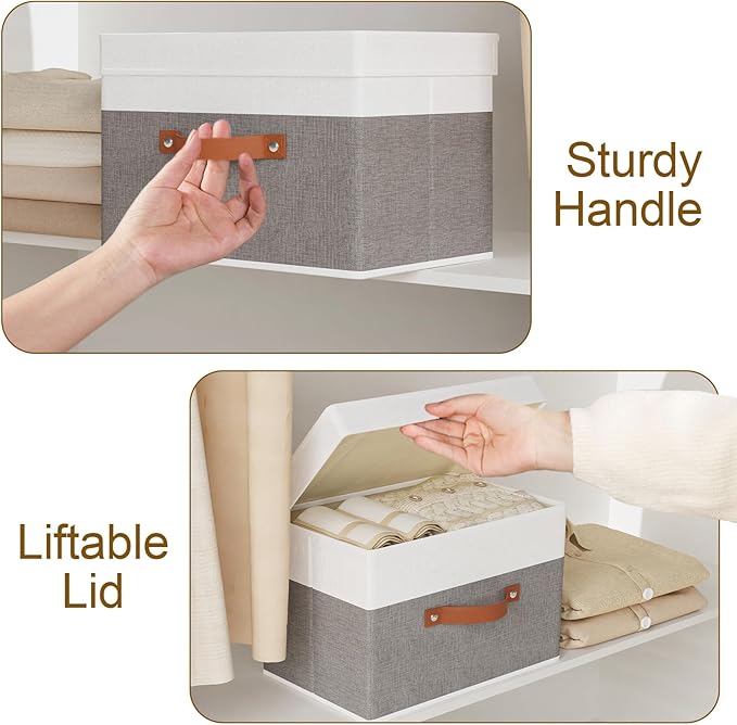 Fabric Storage Boxes with Lids, Linen Foldable Cloth Baskets, 17.7 x 11.8 x 11.8 Inch Closet Organizer Containers with Double Handles, Sweater Bins for Bedroom, White and Grey, 3 Pack