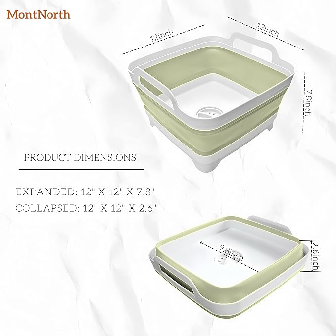 Collapsible Wash Basin 9L, Foldable Dish Tub with Drain Plug, Portable Collapsible Dish Basin, Camping Sink for Washing Dishes, Laundry & Kitchen Use (Green)