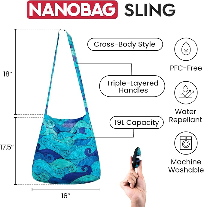 Nanobag Ultra-Lightweight Foldable Sling for Women & Men, Reusable Grocery & Travel Bag, Packable Collapsible Compact Market Crossbody (Sling Stars)