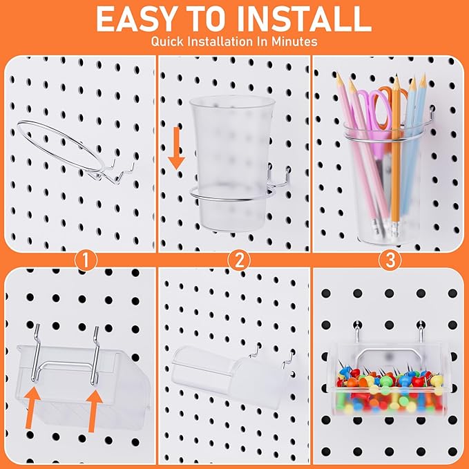 INCLY 30PCS Peg Board Organizer Accessories Kit, Pegboard Hooks Assortment with Bins, Cups, Wire Baskets and Paper Towel Holder for 1/8“ and 1/4” Pegboard Garage Workbench Craft Room Organizing Tools