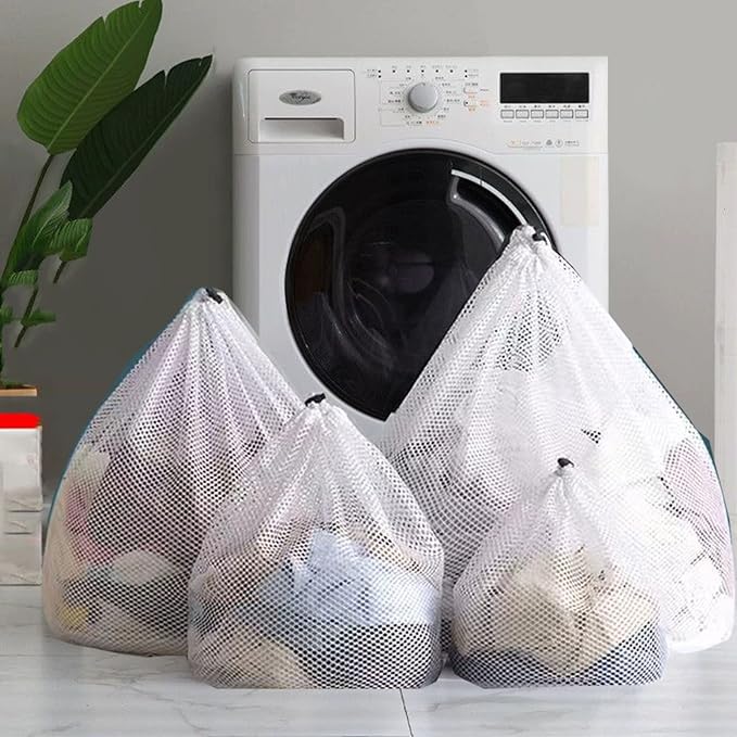 4Pcs Mesh Laundry Bags Washing Machine Mesh Wash Bags for Clothes,Underwear,Lingerie, Bed Linen with Drawstring Closure Sturdy(4 Size)