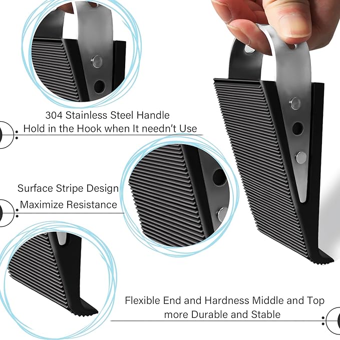 Shackcom Rubber Door Stopper Wedge, 1 Pack Black Heavy Duty Door Stop Suitable for All Floor Types, with Stainless Steel Hangers for Easy Storage, Prevents Unwanted Slams and Bumps
