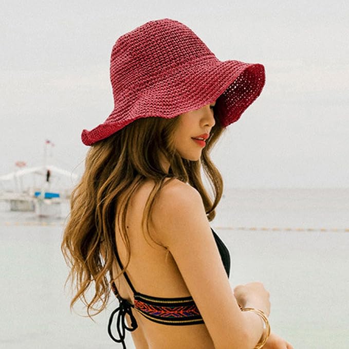 Womens Wide Brim Straw Sun Hat Foldable Floppy Crochet Beach Hat for Summer