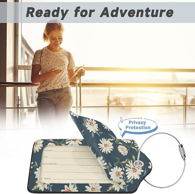 2 Pack Leather Luggage Tag for Suitcase Retro Daisy Flower Unique Travel Tags with Privacy Cover ID Label & Stainless Steel Loop for Men and Women Baggage