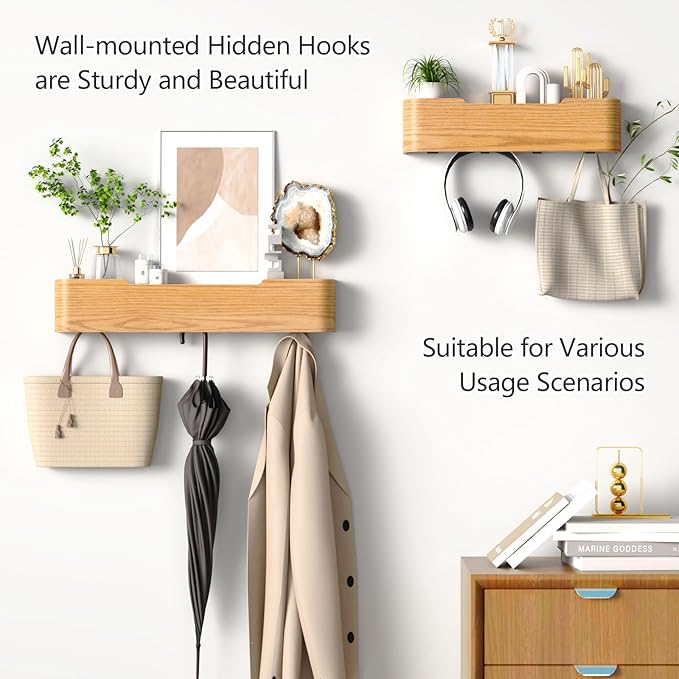 Coat Rack Wall Mount with Hidden Hooks Modern Key Holder Wood Entryway Hook with Shelf for Bedroom Kitchen Hallway Bathroom Designed for Hanging Coats Hats Bags Towels Dog Leashe(Oak,4 Hooks)