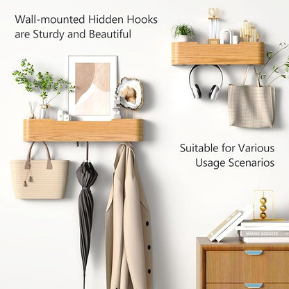 Coat Rack Wall Mount with Hidden Hooks Modern Key Holder Wood Entryway Hook with Shelf for Bedroom Kitchen Hallway Bathroom Designed for Hanging Coats Hats Bags Towels Dog Leashe(Oak,4 Hooks)