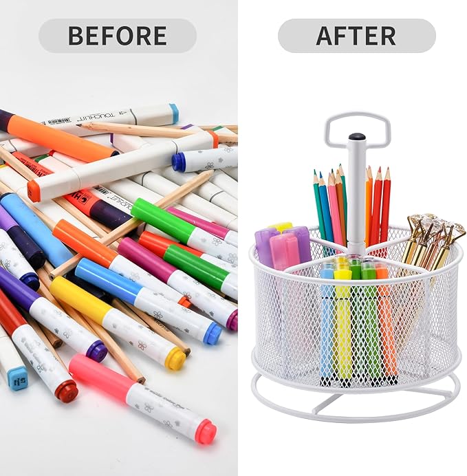 Marbrasse Mesh Desk Organizer, 360-Degree Rotating Multi-Functional Pen Holder, 4 Compartments Desktop Stationary Organizer, Home Office Art Supply Storage Box Caddy (White)